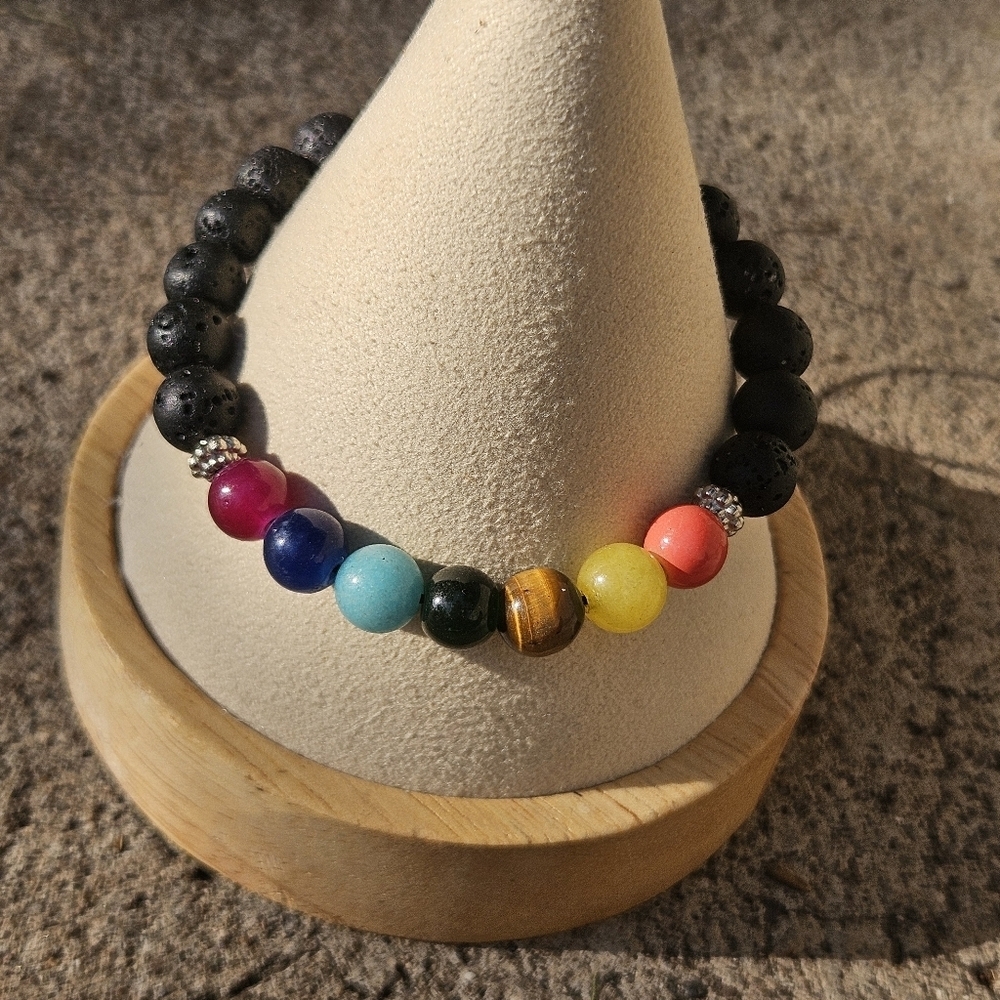 Chakra Colorful Beaded Bracelet with Black Lava Beads Women's Men's Jewelry